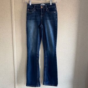 YMI Dark Wash Juniors Bootcut Jeans Sz 0/24 Flare Low Rise Stretch Y2K Inspired